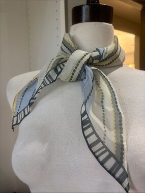 Silk-Feel Neck Scarf in Pale Blue, Cream and Yellow